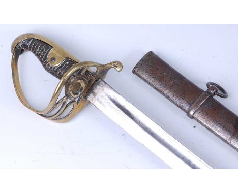 A 19th century Turkish Cavalry sabre, having an unmarked 86cm fullered blade, the Gothic style brass three bar hilt with cres