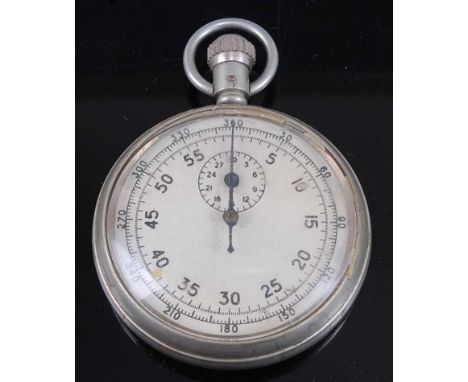 A WW II Air Ministry nickel cased open face stopwatch, the dial with Arabic numerals, subsidiary thirty minute recording dial