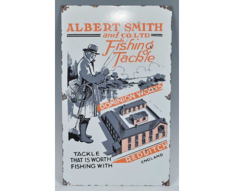 An enamel advertising sign for Albert Smith and Co. Ltd Fishing Tackle, Dominion Works, Redditch, 51 x 30.5cm.