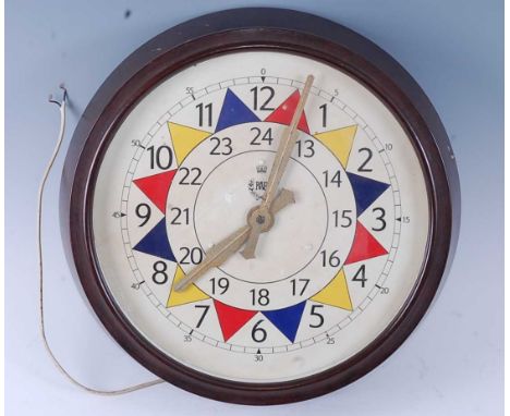 A WW II R.A.F. Sector wall clock, the 11.5in dial with black Roman numerals with inner 24-hr chapter ring with alternate red,
