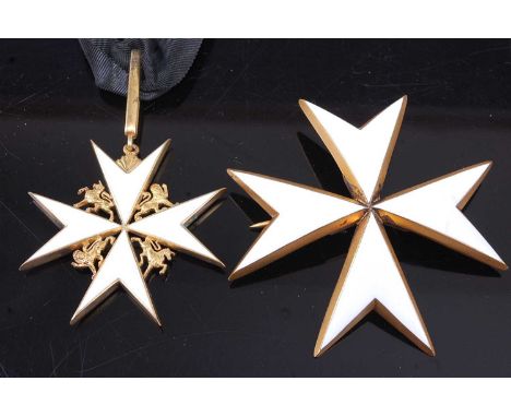 The Most Venerable Order of St John set of insignia to include neck badge the Maltese cross in gilt and white enamel with lio