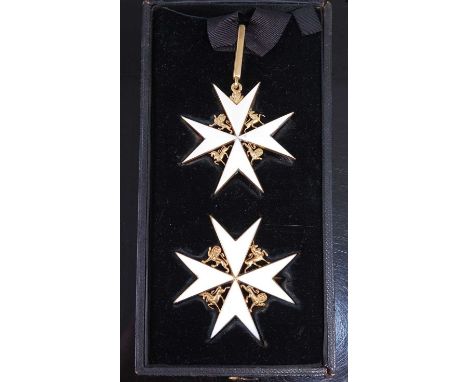 The Most Venerable Order of St. John set of insignia, to include neck badge the Maltese cross in yellow metal and white ename