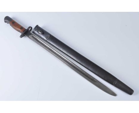 A British 1907 pattern bayonet, the 42.5cm fullered blade rounded at the tip for drill purposes marked to the ricasso with a 