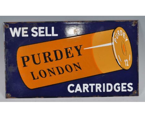 A 20th century enamel shopkeepers advertising sign for Purdey of London Cartridges, 26.5 x 46.5cm.