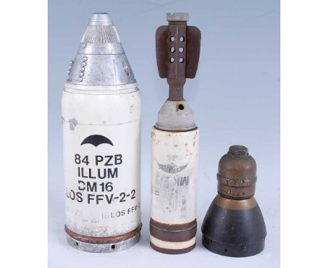 An inert Mk 2/2 British Army ML mortar, h.24cm, together with an 84 PZB Illum mortar and fuse cone. (3)