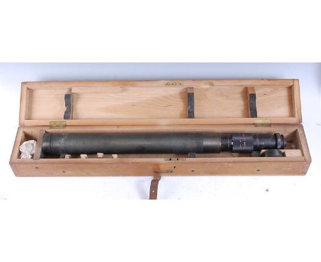 A WW II military scope, marked No. 73994 Ross London, with spare lens and swivel mount in broad arrow marked case, scope leng