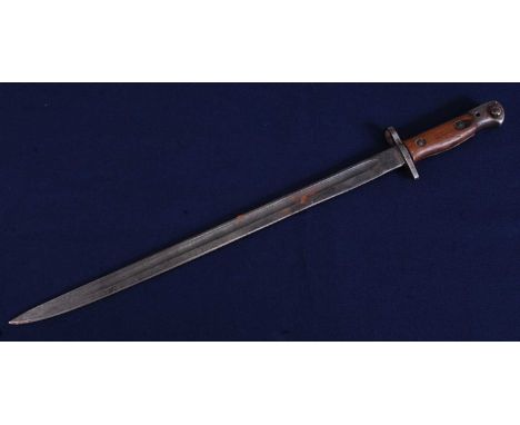 A British 1907 pattern bayonet, the 43cm single edged fullered blade marked to the ricassso Wilkinson and with various Ordnan