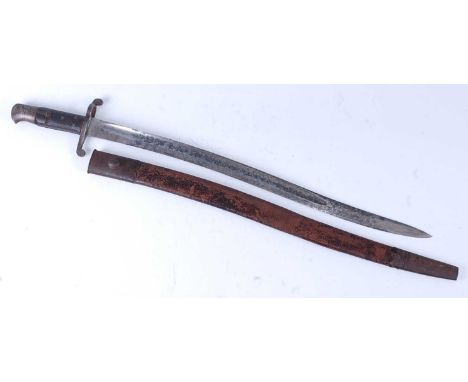 A British 1856 pattern Volunteers sword bayonet, having a 58cm yataghan shaped blade with steel quillon and chequered two pie