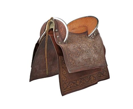 dating: 20th Century provenance: Peru, Wooden, leather-covered structure, the seat and back band with light, brown leather, l