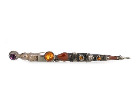 TWO SCOTTISH SILVER KILT PINS, MID/LATE 19TH CENTURY each modelled in the form of a dirk and set with gemstones and hardstone