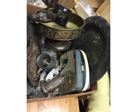 Mixed lot, including pewter chargers, bronzes, radio and wall clock