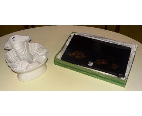 A Japanese lacquered serving tray, decorated with gilt floral panels, together with a white ceramic lobster mousse dish, 10cm