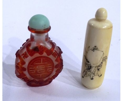 Two Chinese snuff bottles circa late 19th/early 20th century, comprising of an ivory style bottle with stopper, decorated wit