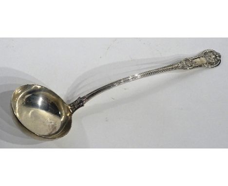 A large Victorian silver soup ladle, hallmarks for Glasgow 1852 JMJ, with ribbed handle and foliate embossed stem engraved wi