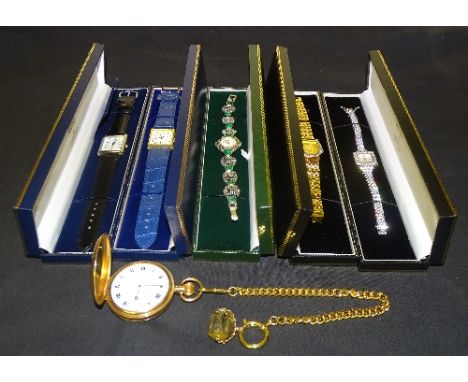 A collection of cased watches, to include a silver and paste Brooks & Bentley cocktail watch, Credit Suissie cocktail watch, 