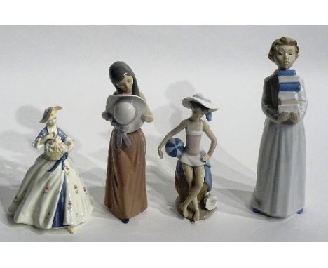 Two Lladro figures, modelled as a girl holding hat and a girl holding beach ball, one with box, 19 & 25cm high, together with