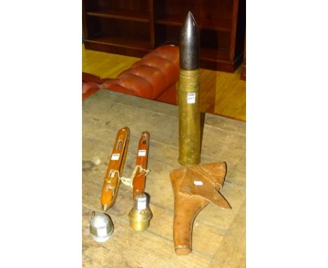 A military interest WWI artillery brass shell casing, with '6PR CF K' stamped to underside, and '6PR V' stamped to torpedo st