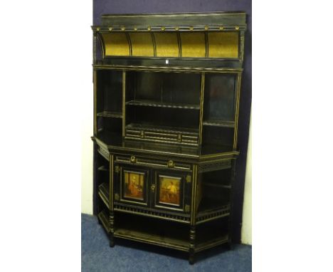 A fine Victorian aesthetic movement ebonised cabinet probably by Gillows, the top section with gallery shelf above gilded flo