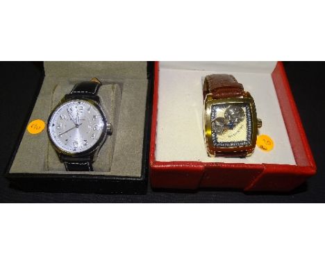 A Mastertime automatic gentleman's wristwatch, the cream enamel dial with skeleton apertures and baton numerals on brown leat