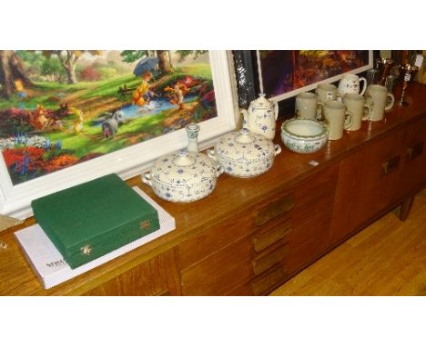A mixed lot of pottery and collectables, to include two Danish porcelain tureens with covers, teapot and milk jug, onyx ashtr