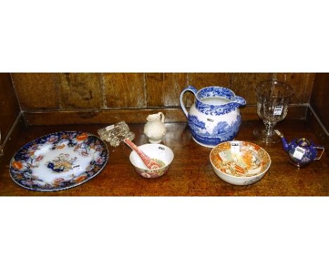 A Regency style glass rummer, 16cm high x 11cm diameter, together with a Spode blue and white jug, a cloisonne teapot on stan