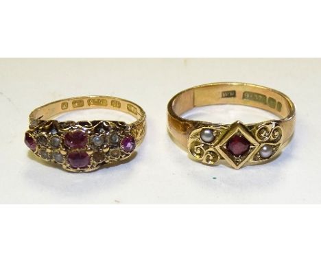 A 9ct gold garnet and seed pearl ring, stamped 375, ring size R, 3.7g, together with a Victorian 15ct gold pink gemstone and 