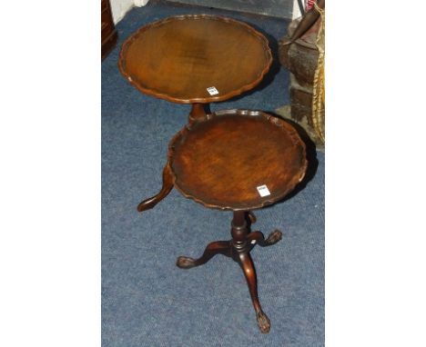 Two mahogany wine tables, with pie crust circular tops raised on tripod supports, 63 x 55cm tall (2)
