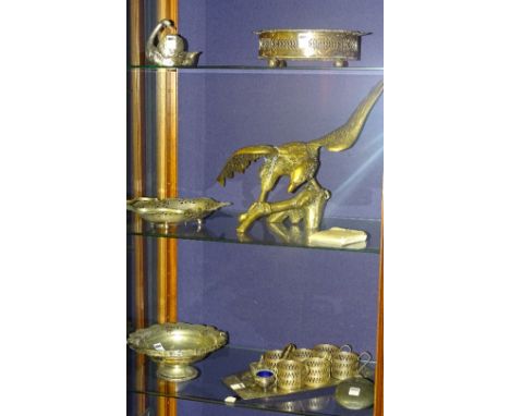 A large brass model of an eagle, together with various plated wares and a pewter glass and leather hip flask (a lot)