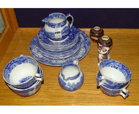 A Spode blue and white part teaset, together with a Royal Crown Derby figure of a cat and two small Satsuma vases (a lot)