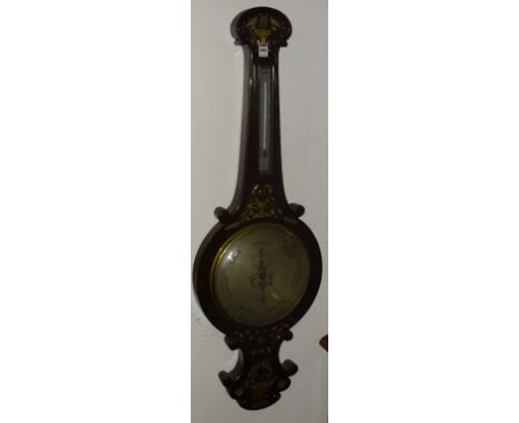 A Victorian rosewood and mother of pearl inlaid banjo wall barometer named to James Edis Edinburgh, with silvered thermometer