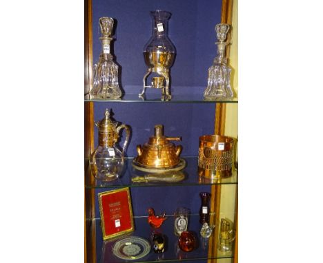 A pair of Victorian crystal mallet shaped decanters with stoppers, together with a copper plate warmer, claret jug, plated ph