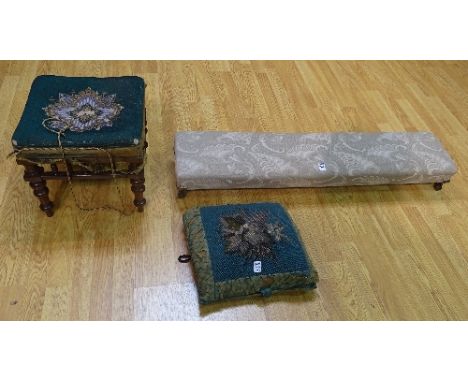 A fender stool, upholstered in later floral fabric, raised on mahogany scroll supports, together with a late Victorian mahoga