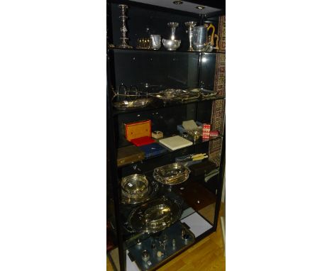 A large quantity of plated wares, to include dishes, posy vases, baskets, candlesticks, cutlery, pewter, picquot ware teaset,