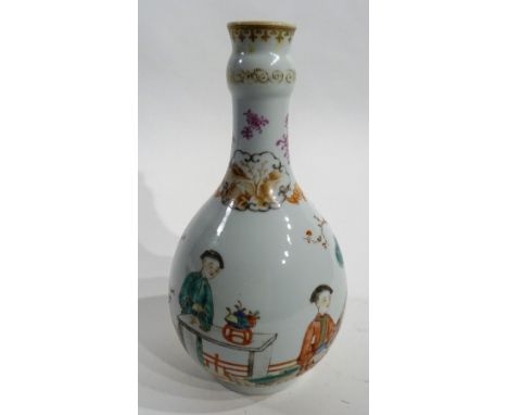 An antique Chinese famille rose porcelain bottle shaped vase, decorated with figures -  one playing the banjo, with prunus bl