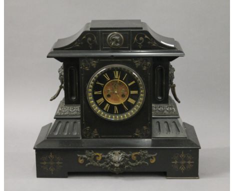 A Victorian black slate mantle clock. 47.5 cm wide, 43.5 cm high.