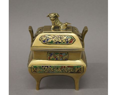 A vintage Chinese twin handled brass censer and cover, with dog finial and enamelled panels. 13.5 cm high, 12 cm wide, 9 cm d