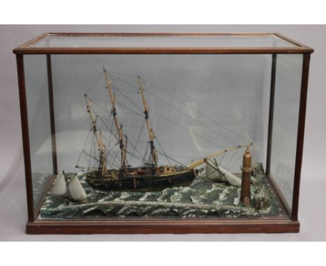 A vintage shipping diorama in a glazed mahogany case. 71 cm wide x 48 cm high x 36.5 cm deep.