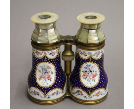 A pair of 19th century enamel decorated binoculars/opera glasses. 12.5 cm wide.