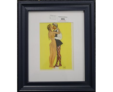 A 1950s lithograph, The Kiss, framed and glazed. 11.5 x 16.5 cm.