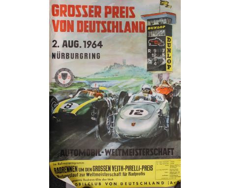 A vintage pictorial motor racing poster. 59.5 cm wide.