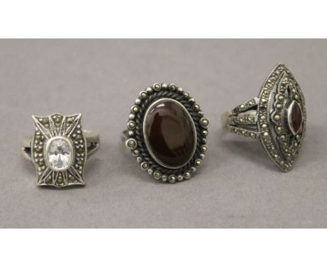 Three silver marcasite rings.  Ring sizes - O/P, P/Q and P/Q.