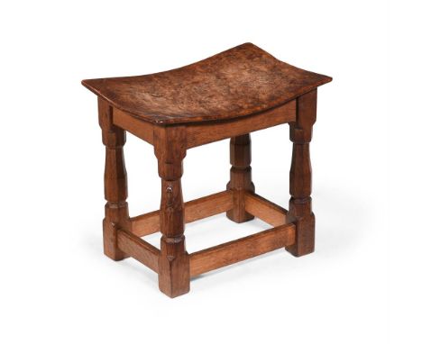 AN OAK AND POLLARD OAK STOOL IN THE MANNER OF ROBERT 'MOUSEMAN' THOMPSON, 20TH CENTURY 36.5cm high, 40cm wide, 28cm deep   Co