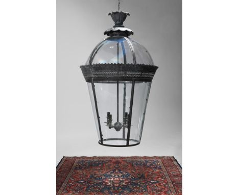 A COPPERED VERDIGRIS METAL AND GLASS LANTERN OF RECENT MANUFACTURE 130cm high, 60cm diameter