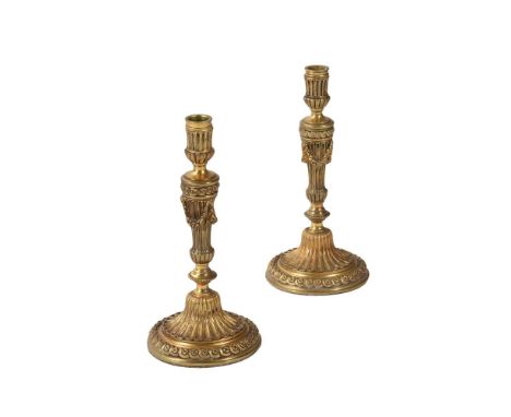 A PAIR OF GILT METAL CANDLESTICK LAMPS  EARLY 20TH CENTURY  27cm high