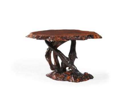 A YEW WOOD, BURR AND ROOT WOOD TABLE 20TH CENTURY 42cm high, 72cm wide, 41cm deep  A closely related burr and root low coffee