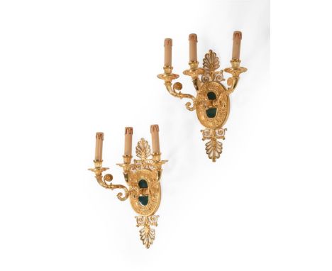 A PAIR OF ITALIAN GILT METAL WALL APPLIQUES  MODERN Each with three protruding arms to the backplate with anthemion finial an