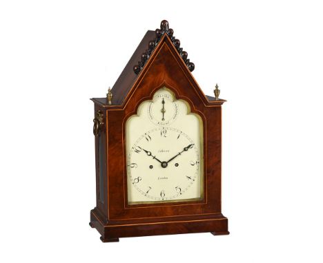 A VICTORIAN GOTHIC REVIVAL INLAID MAHOGANY BRACKET CLOCK THE DIAL SIGNED FOR JOHNSON, LONDON, MID 19TH CENTURY The twin fuse 