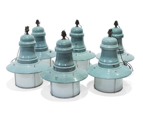 A SET OF SIX INDUSTRIAL ENAMEL PENDANT LIGHTS HUNGARY, DATED 1954 AND STAMPED BFEM, B1 With glass shades approximately 64cm h