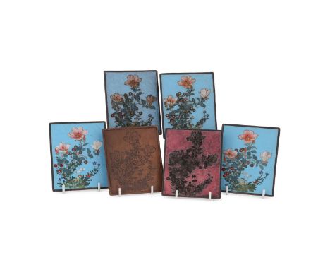 GONDA HIROSUKE (1865-1937), A SET OF SIX COPPER PANELS  MEIJI-TAISHO ERA  Demonstrating the stages of creating cloisonné enam