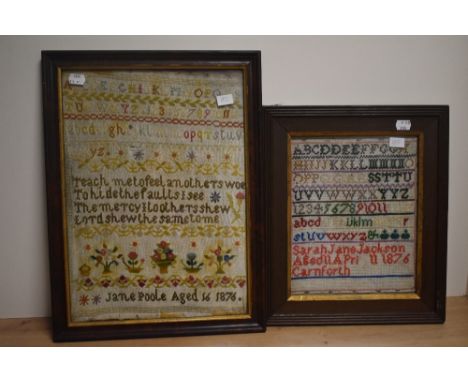 19th Century British School, needlework, An alphabet sampler by Jane Poole, aged 16 in 1876, framed and under glass, measurin